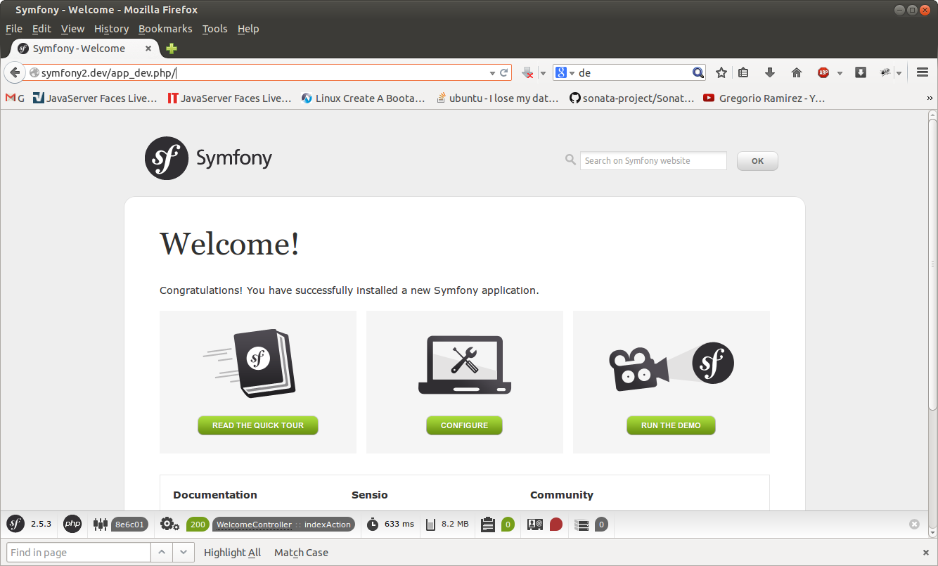 Symfony2 startup page